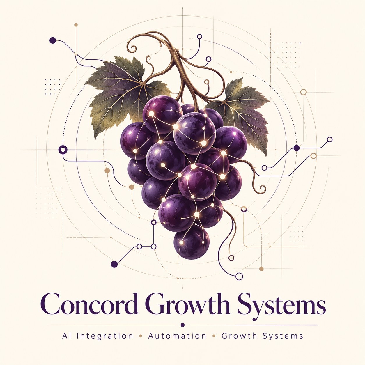 Concord grapes with connected points and open branching lines, illustrating growth supported by intelligent systems